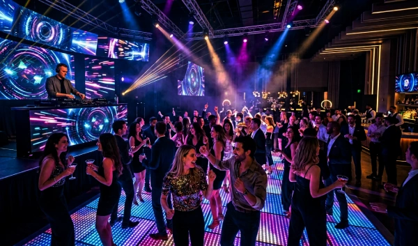 disc jockey para fiesta con sonido, iluminación y pantallas Led en evento 2026